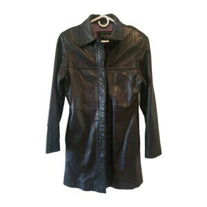 D'Linea Vintage Leather Jacket Butter Soft Black Long Button  Womens M Trench